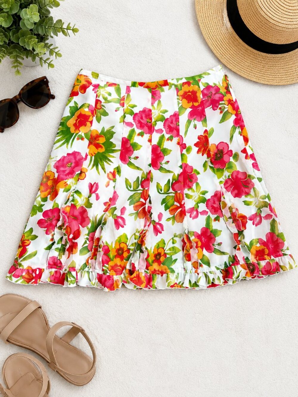 LOFT Size 4 White Pink Floral Ruffle A-Line Skirt Tropical Summer
